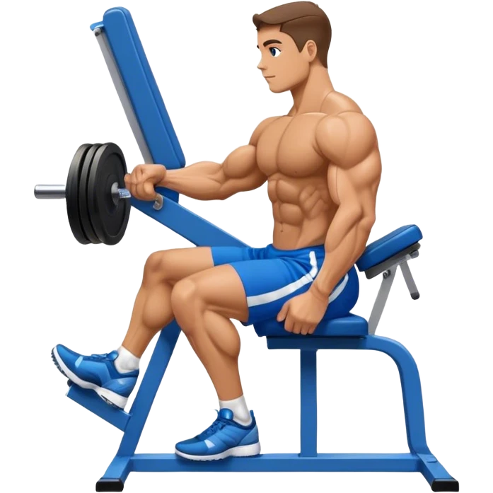 side-view bodybuilder in blue shorts seated weighted calf-raise machine on his tip toes emoji