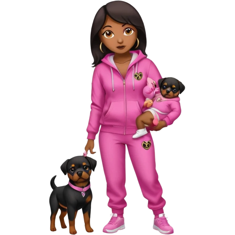 Rottweiler full body on Leah held by African American woman in baby phat tracksuit in pink emoji