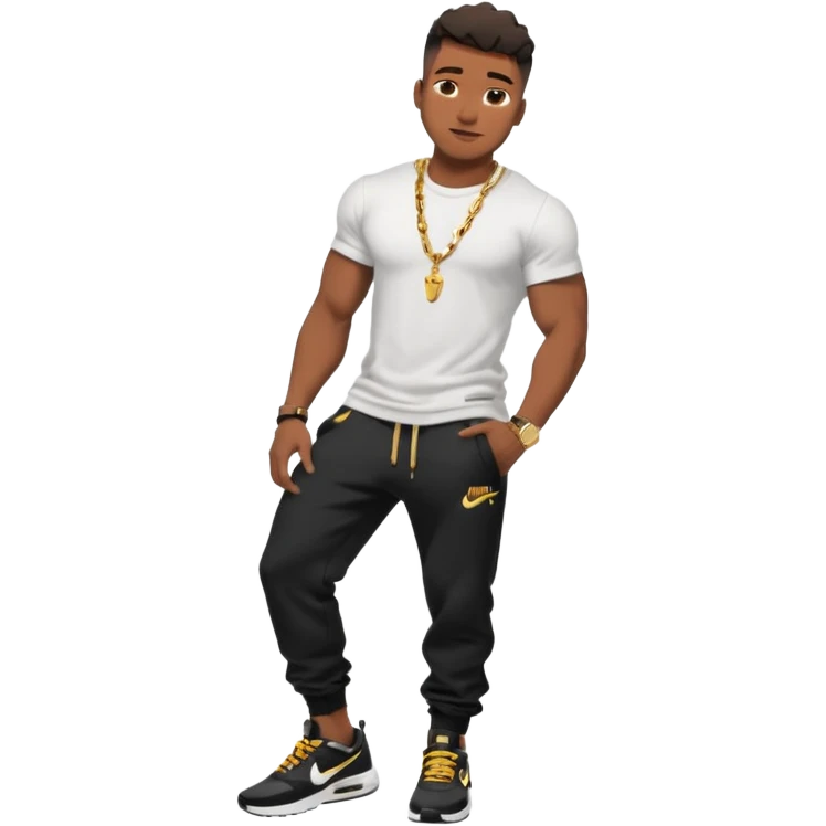 Handsome Black guy with brown skin tone, with muscular build, wearing black sweatpants, a white t-shirt, black Nike air max, a small gold rope chain, and a gold watch  emoji