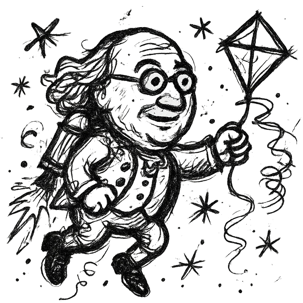 Ben Franklin with jetpack and diamond kite, minimalist, black outline, slightly chaotic lines emoji