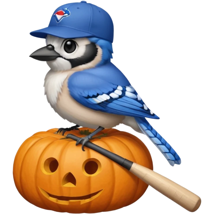 bluejay sitting on Halloween pumpkin wearing MLB bluejay baseball hat holding a bat emoji