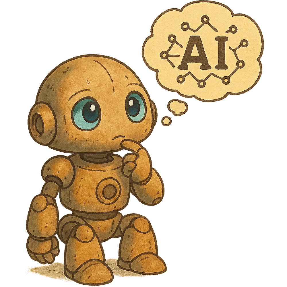 ghibli style cute robot with expressive eyes and a floating thought bubble, symbolizing AI thought emoji