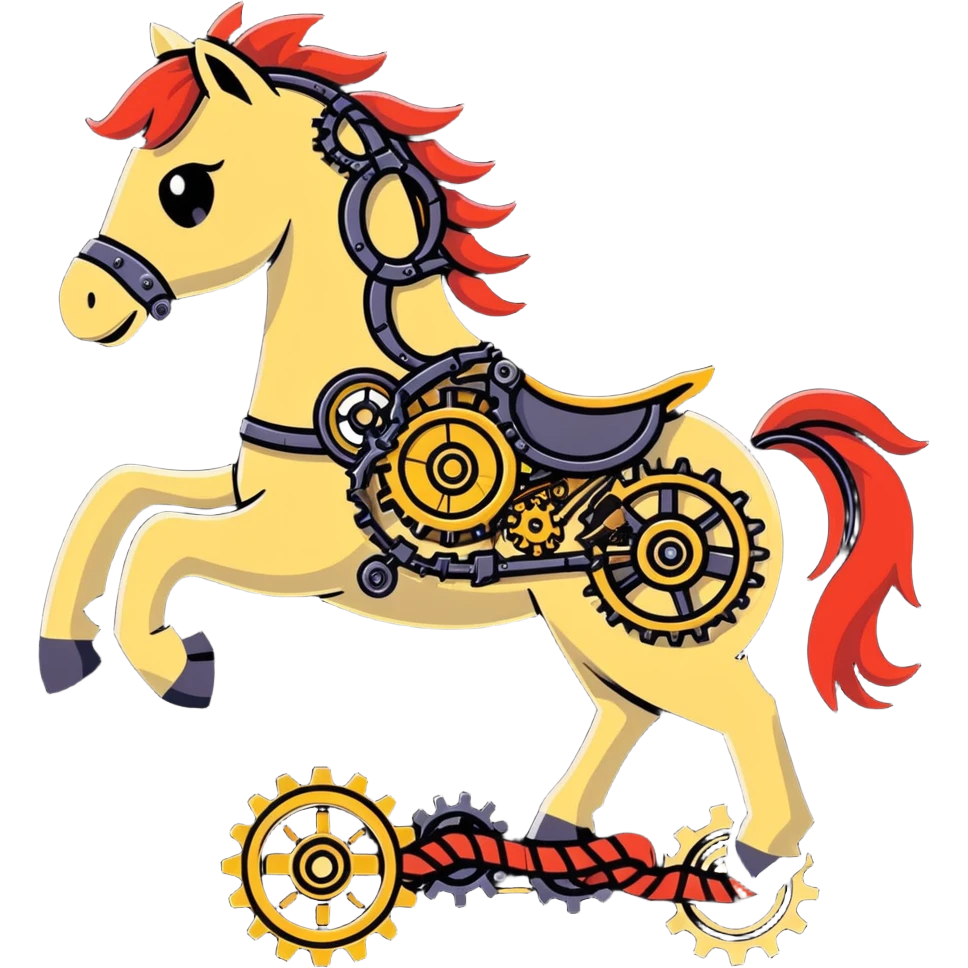Steampunk mechanical horse with exposed gears, cogs, wires, and rope details emoji