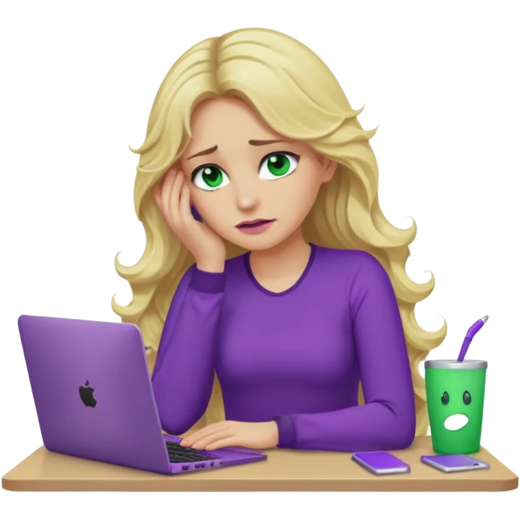 lady with long wavy blonde hair, purple top, green eyes, elbow on desk with hand on face, with a purple mac laptop tears down face. emoji