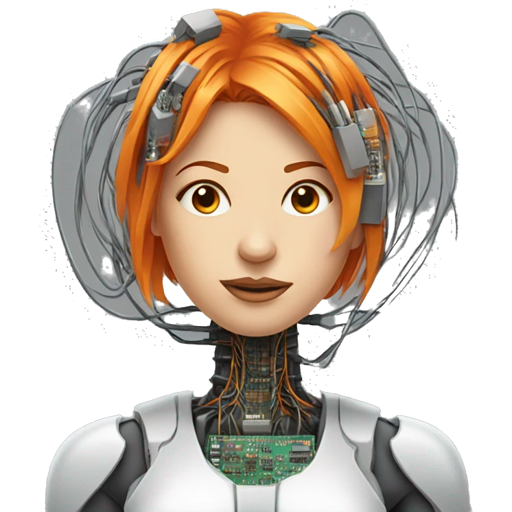 Head of female cyborg with orange hair and circuits wires emoji