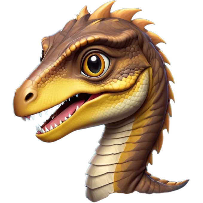 Cinematic Cute jurassic park Velociraptor Portrait Emoji, Head tilted playfully with a cheeky smirk, featuring a compact, agile form with smooth, dark scales and softened, expressive eyes that sparkle with mischievous charm, Simplified yet irresistibly adorable features, highly detailed, glowing with a warm, inviting prehistoric glow, high shine, affectionate and lively, stylized with a touch of whimsical dinosaur mischief, soft glowing outline, capturing the essence of a playful jurassic park Velociraptor that seems as if it could sprint out of the screen into your heart! emoji