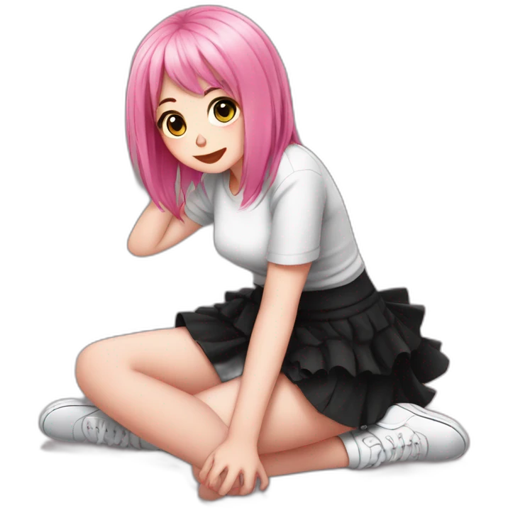 Full body Front view curvy emo girl pink hair sits on the floor straight view hands up black skirt полосатые рваные чулки emoji