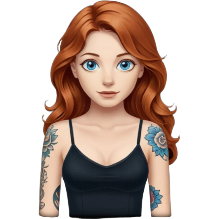 Long wavy Auburn hair woman BLUE eyes wearing black cami and one tattoo sleeve emoji