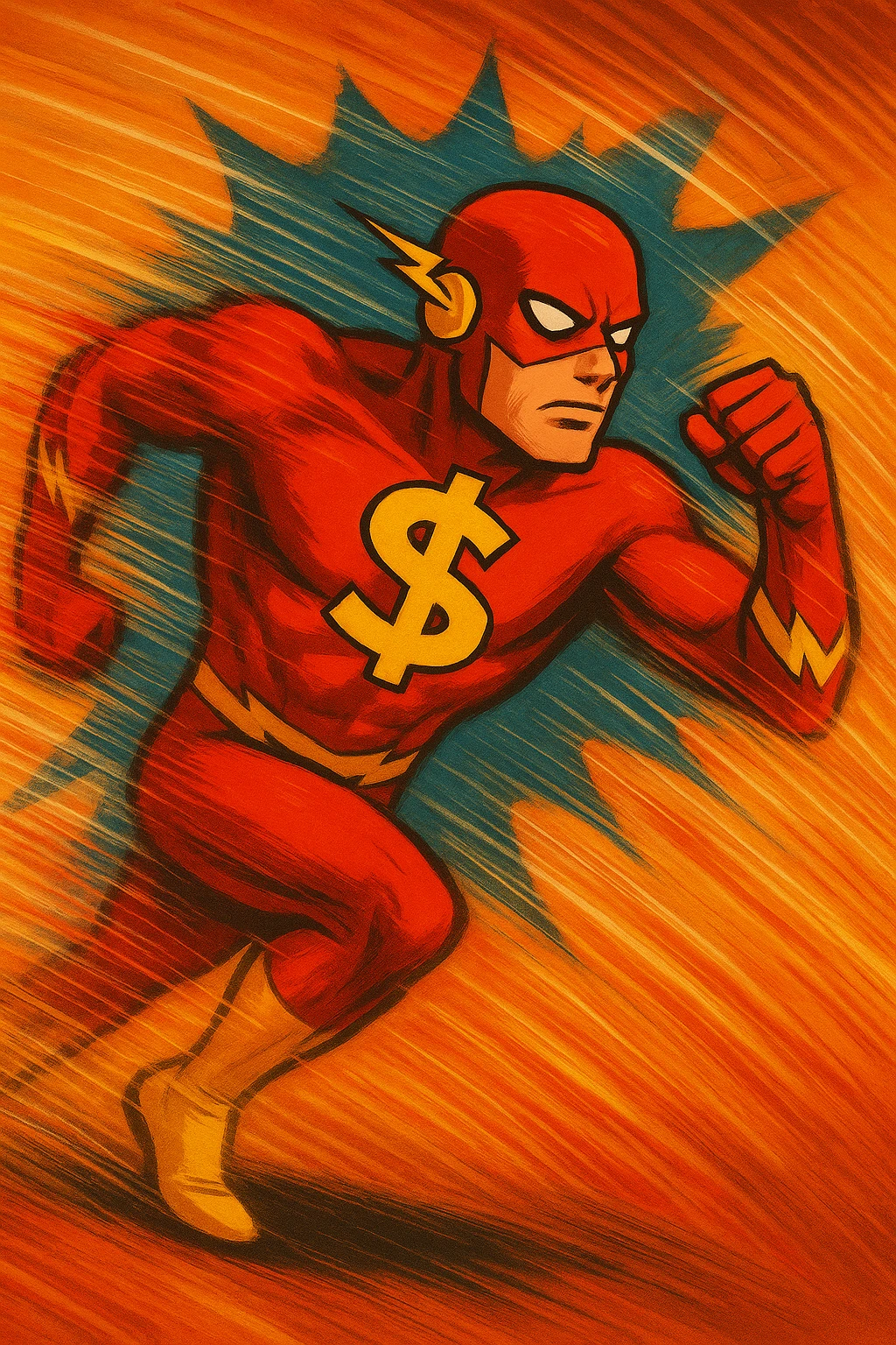 Show the superhero running at high speed with strong motion blur, speed lines, and wind effects to visualize velocity. Keep the bold money symbol visible and prominent. emoji