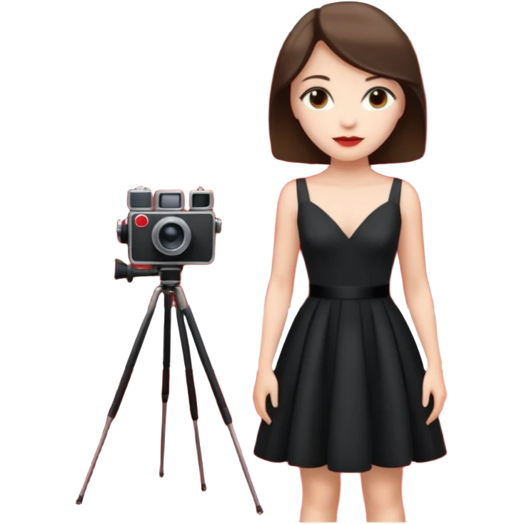 an actress standing on a red carpet with a formal dress, with a film camera next to her. emoji