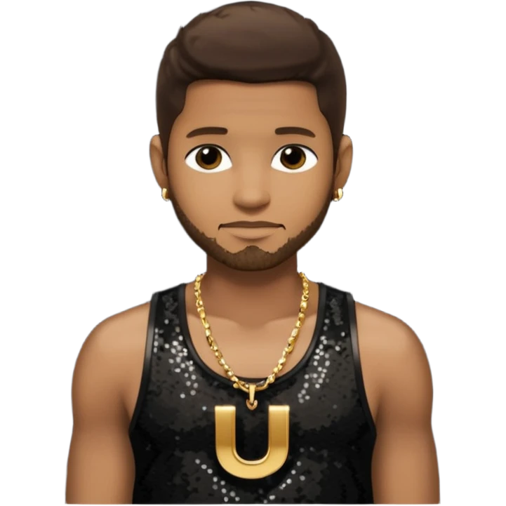 Usher with dark brown hair, black sequin tank top, necklace with letter u emoji
