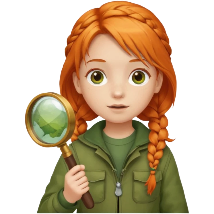 braid orange haired girl kid in moss green explorer outfit, holding magnifying glass emoji