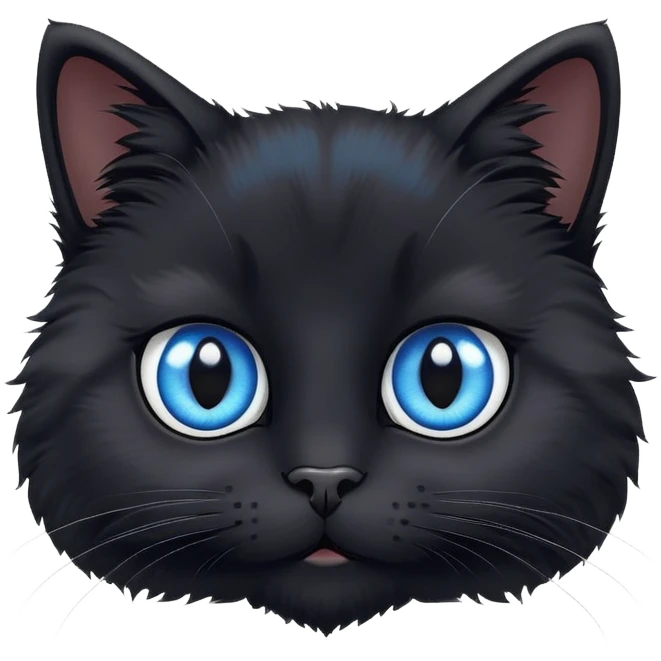 cute fluffy black cat face with big blue eyes, more natural cat face shape, not too round, still adorable emoji