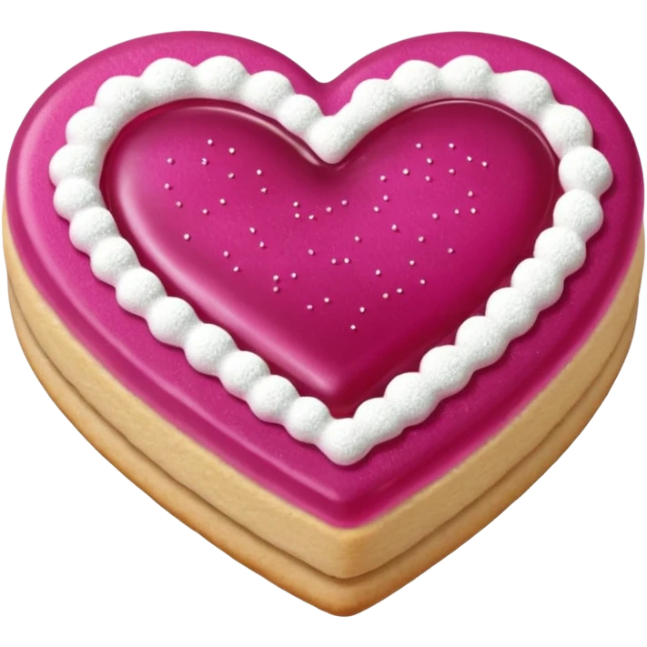 Realistic shortbread cookie in the shape of a heart with Fuchsia color jelly middle filling and sprinkled powder sugar on top. emoji