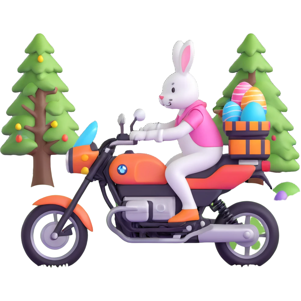 Easter bunny riding a BMW boxer motorcycle with trees and grass in the background and colorful Easter eggs hidden in the grass emoji
