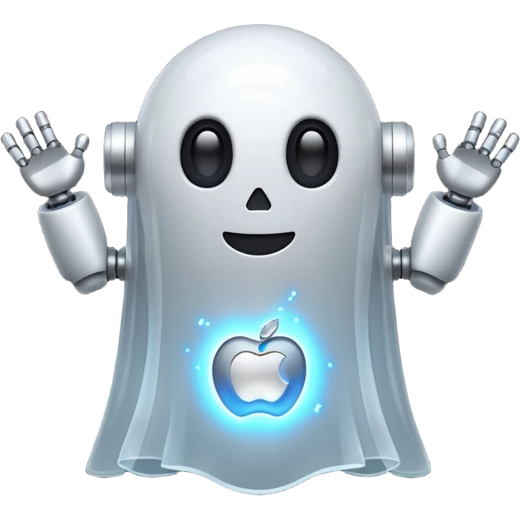 robot ghost emoji, floating with sparks, apple style emoji