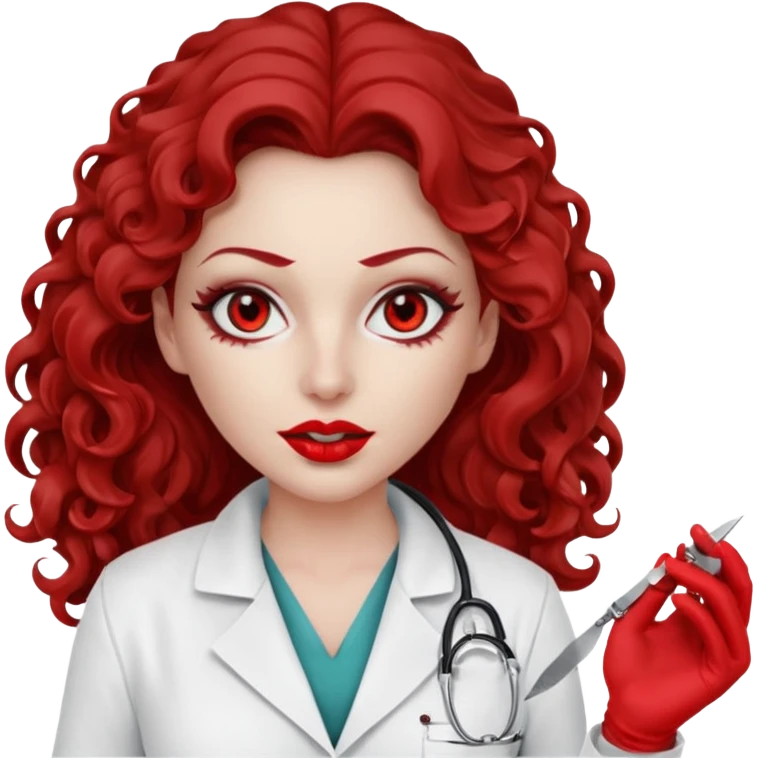 Scary woman scalpel in hand, evil surgeon sexy .  She has red eyes. Her  brown long curly hair. Wears sexy doctor outfit with red gloves. make her hair free and brown but she  wear mouth cover   to hide. Wears white surgeon jacket andpejab only hides lips and nose  eyes emoji