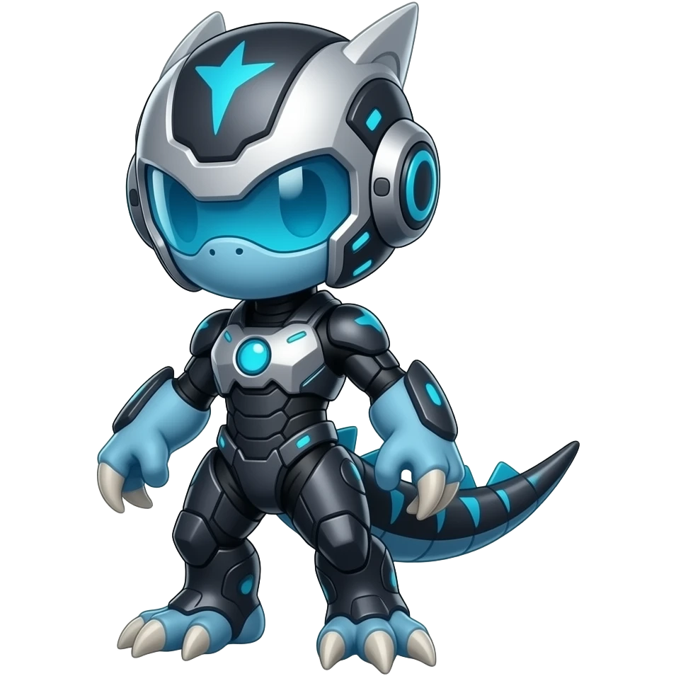 black-blue Genesect-Raptor-Fakémon—hybrid with a futuristic visor-helmet full body emoji