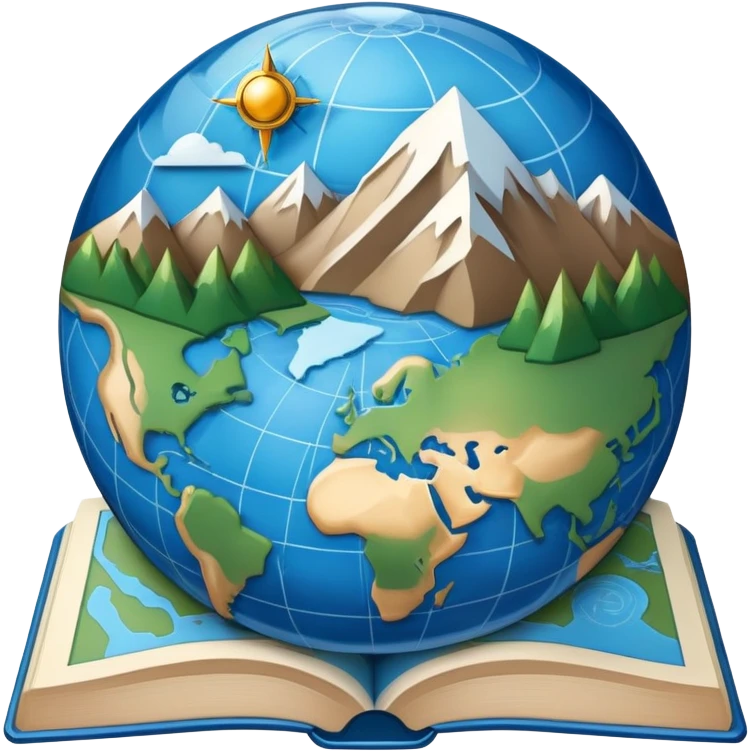 an icon featuring an earth with attitude and longitude lines, a textbook, and a topographic map, symbolizing geography as a science. The design includes a compass, mountain ranges, and rivers, representing the study of Earth's features and landscapes. Transparent background highlights geography. emoji