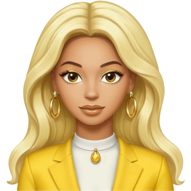 Beyonce with long platinum blonde hair, yellow outfit and earring emoji
