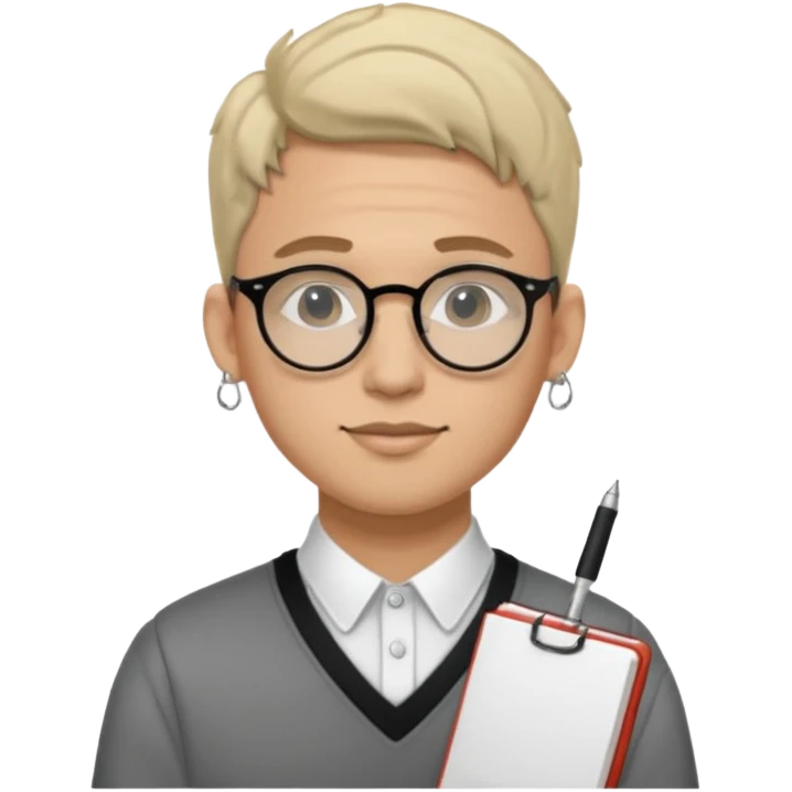 A man in his 20s wearing an apnotebook, wearing radio earrings, round glasses, achromatic clothes emoji