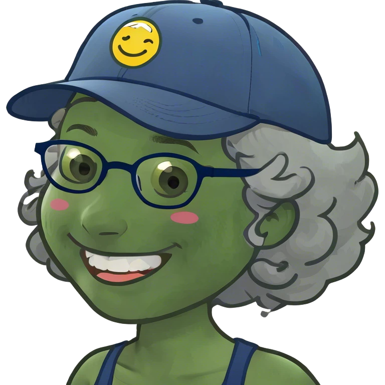 a female, yellow faced emoji, simple style, big smile, winking, blue ball cap on backwards, cartoon, curly grey hair, no eye color, glasses emoji