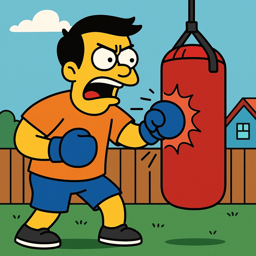 Hit a punching bag – to punch a padded bag for exercise or stress relief.
He went to the gym to hit a punching bag and blow off steam.
 emoji