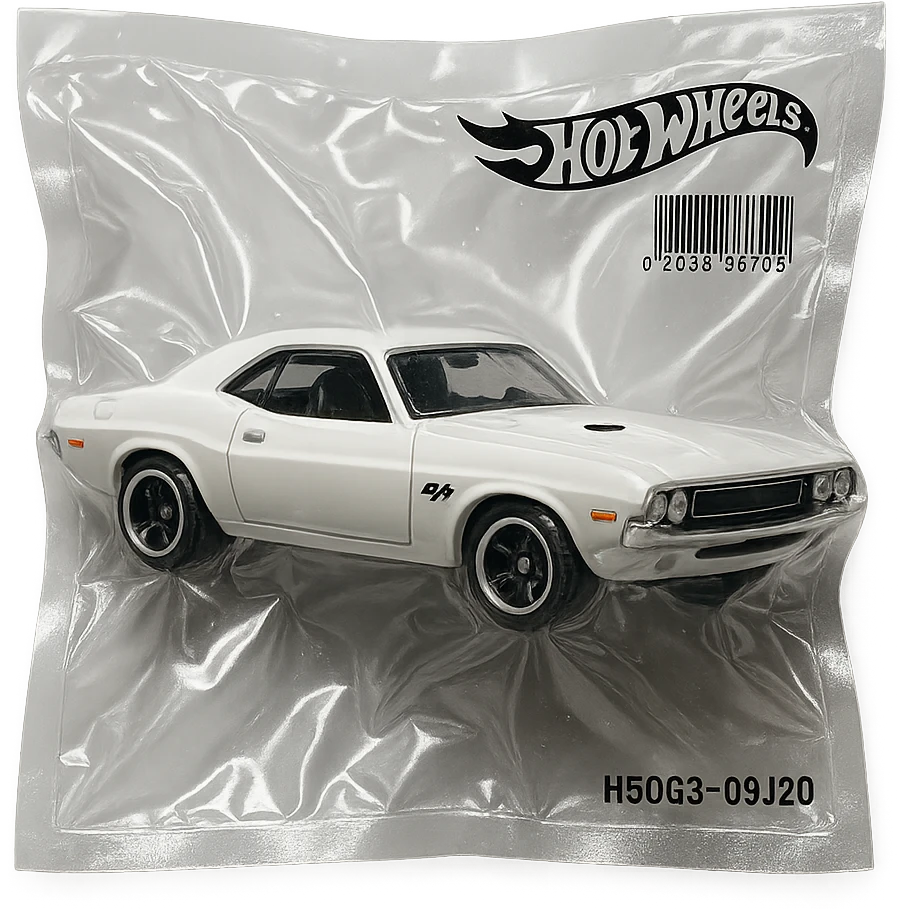 white 1971 Dodge Challenger Hot Wheels toy car, glossy, inspired by the movie 'Death Proof' emoji