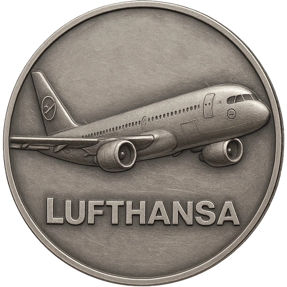 collector's coin front side with embossed airplane resembling an Airbus in Lufthansa livery, metallic surface, focus on airplane emoji