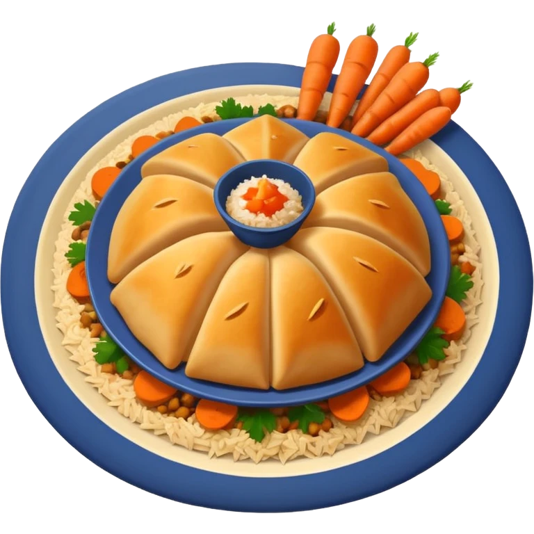 Uzbek cuisine humanless avatar in bright emoji-style illustration. Classic dishes like plov and samsa, warm golden and earthy tones, simple shapes, flat design, high contrast, friendly and appetizing. emoji