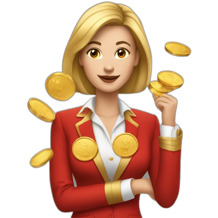 Posh-woman-with-red-suit-holding-golden-coins emoji