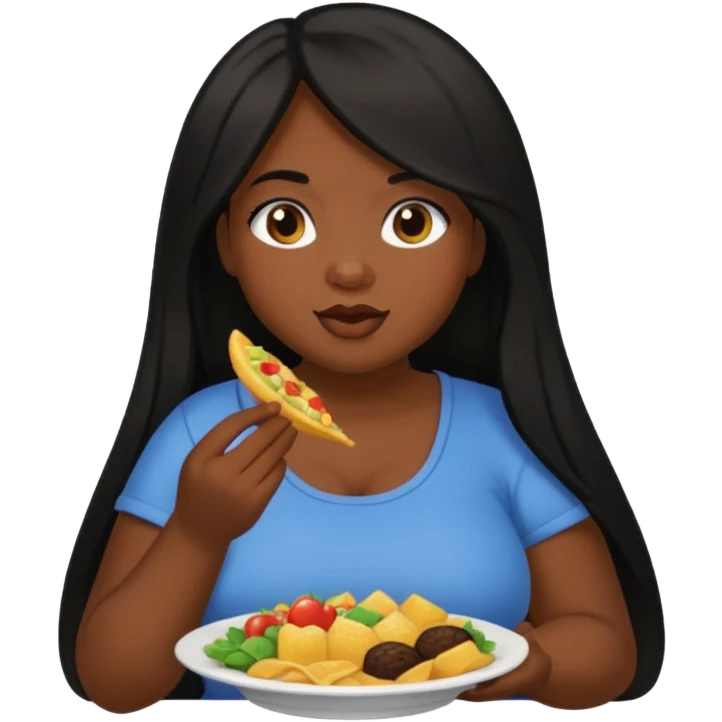 Medium dark skin tone girl with  black long hair plus size with food emoji