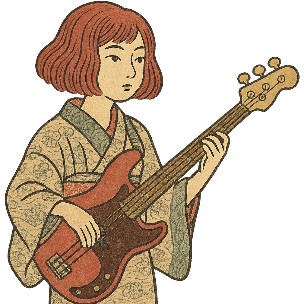girl with red hair and red bass guitar, long bob hairstyle emoji