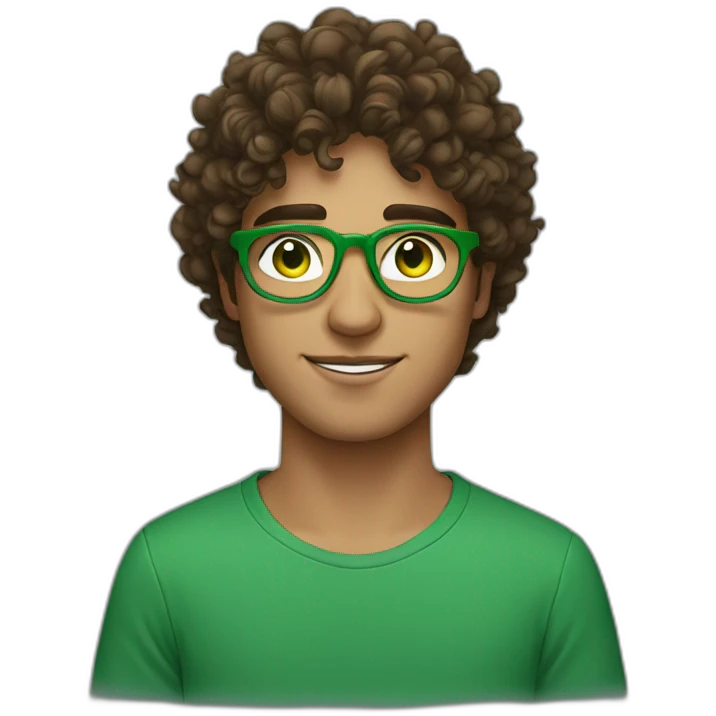 pakistani 19 year old guy with green eyes and curly brown hair and circular green glasses emoji