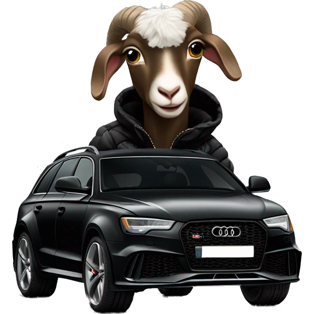 goat in black puffy jacket driving black Audi RS6 emoji