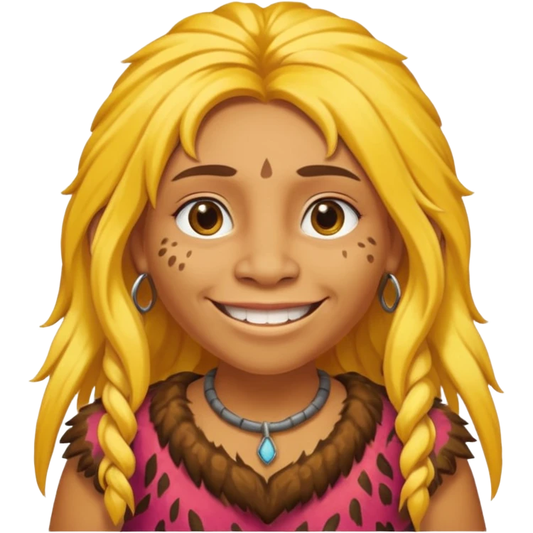smiling Neanderthal woman with long yellow hair and animal skin clothing emoji