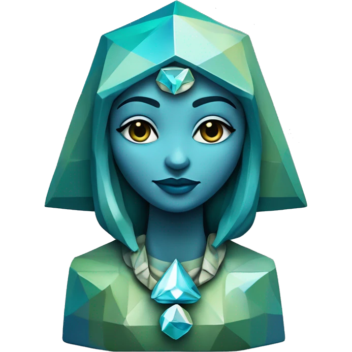 Sculpture oracle priestess with a geometric faceted design with disney features. Oracle of delphi is sparkling and standing upright on a base with angular and flower features. The vibrant blues neutrals and greens highlights the sharp edges and planes.  emoji