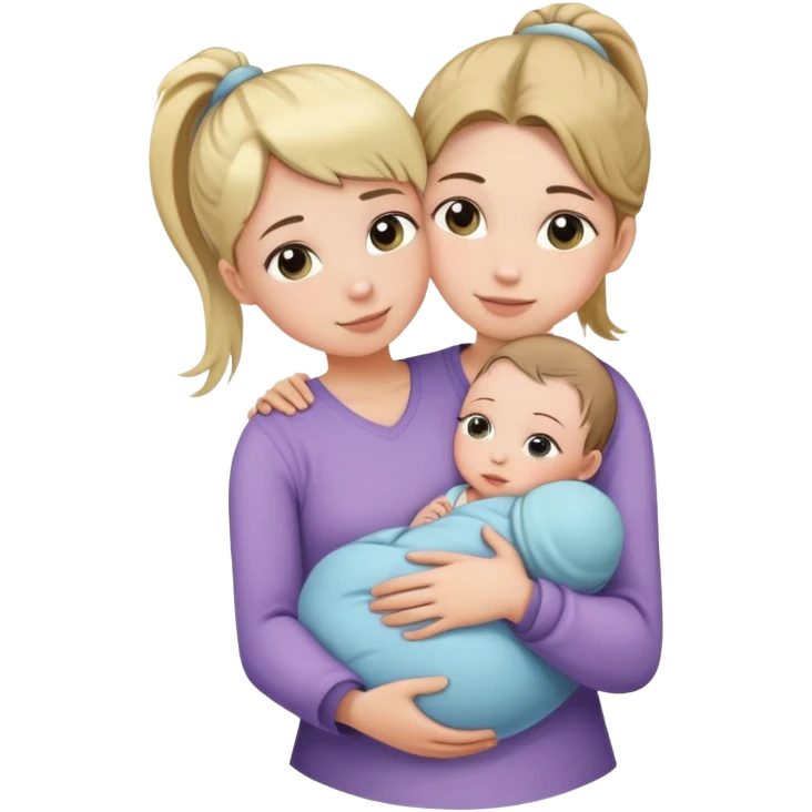 Big sister with ponytail carefully holding newborn baby while hugging younger sister emoji