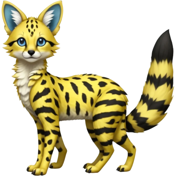 beautiful elegant spotted hype-realistic, black-maned, vibrant yellow Genet-Serval-Sergal-Margay-Fox-fusion-hybrid-furry-fursona, full body, with a long puffy fluffy black-and-white-striped tail, black long big ears, with natural blue eyes emoji