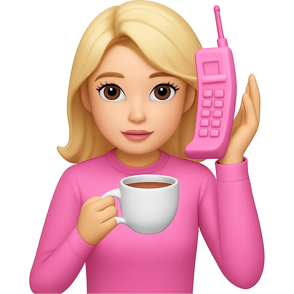 Add a phone in her hand, all pink, Gossip Girl vibe, in the style of apple emojis. Remove the background. emoji