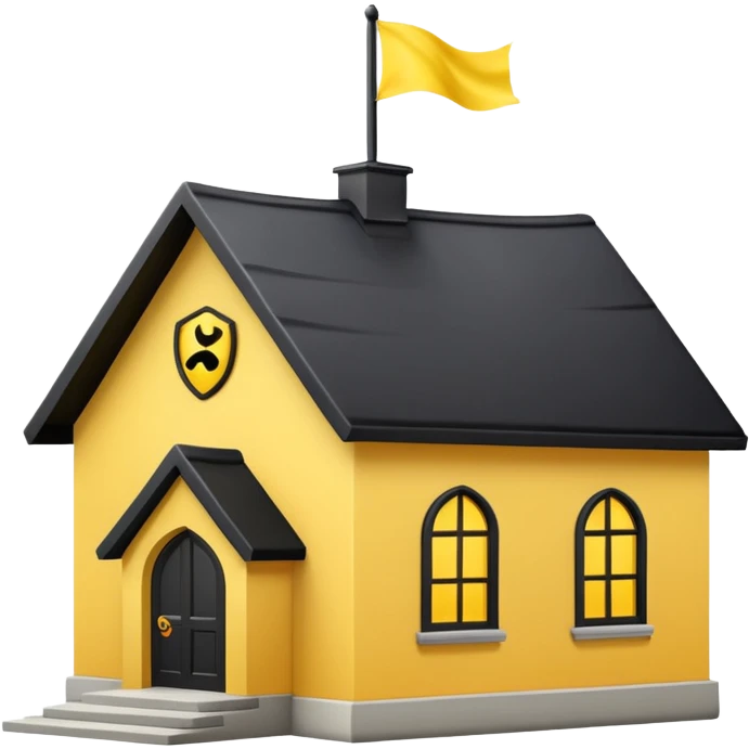 simple magic school, low detail, white background, magic school, black roof, with a big flag, big flag on a roof, big yellow flag, white school emoji