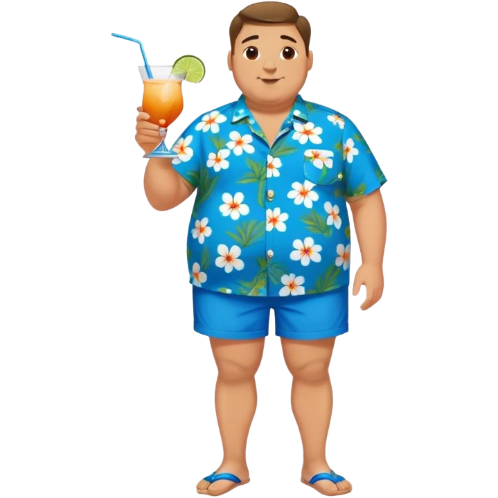 chubby guy full figure in a flowered azure havai shirt, brown shorts and flippers holding a cocktail emoji