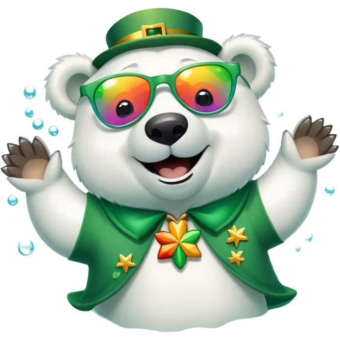 friendly anthropomorphised polar bear smiling, wearing large multicolored star-shaped glasses and festive St. Patrick's Day outfit, floating on back in water emoji