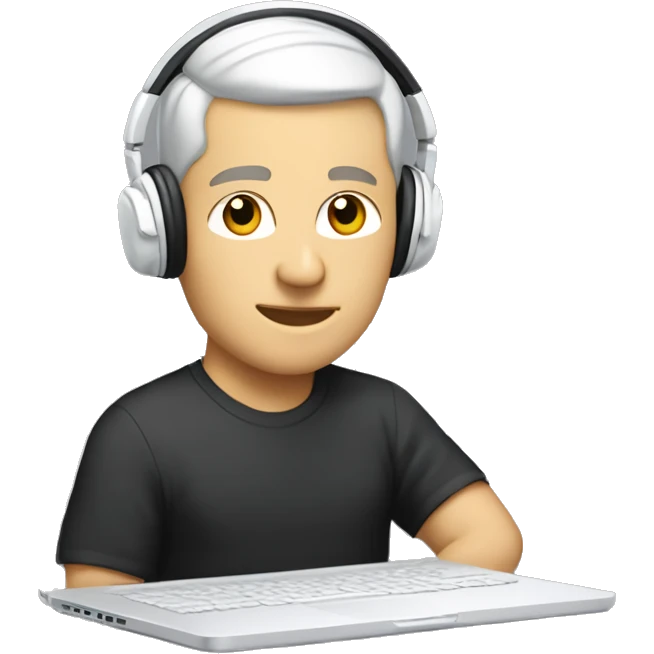 Software engineer (white male, buzz cut hair, with white headphones) in front of laptop, apple-style emoji