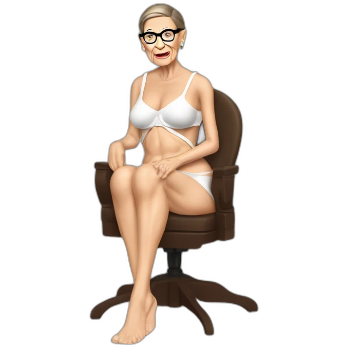 sexy ruth bader ginsburg wearing string bikini with hole in the crotch of her bikini bottoms acting out that scene from basic instinct (full body, ios17, sitting legs apart) emoji