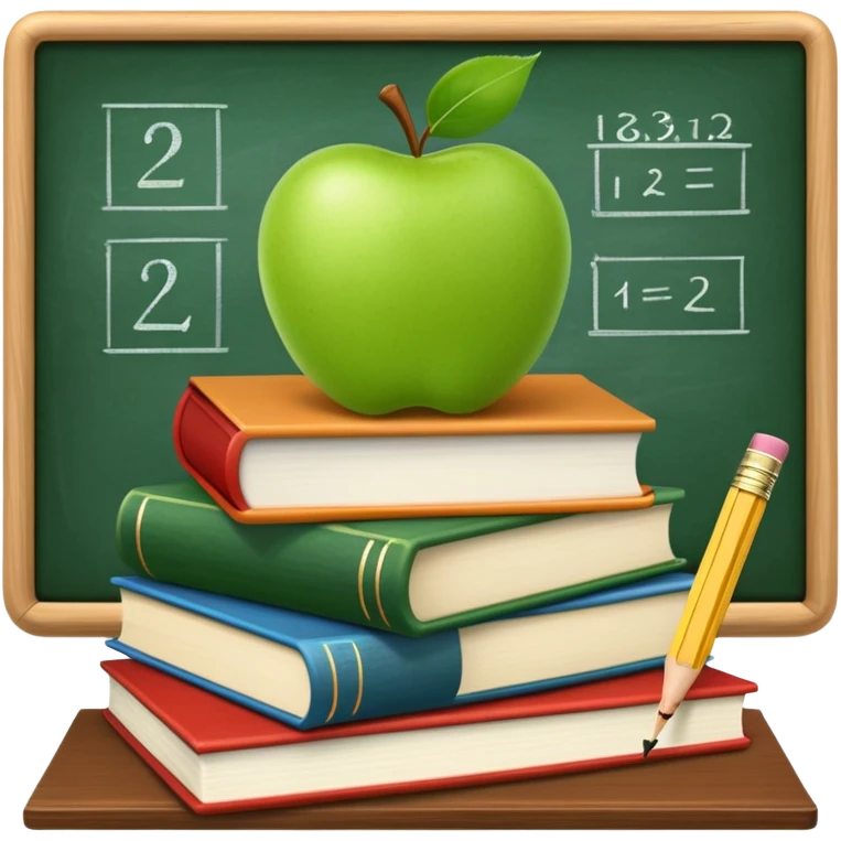 An icon featuring a chalkboard with educational equations, an apple, and a pencil, symbolizing pedagogy. The design includes a stack of books and a graduation cap, representing teaching and learning. Transparent background highlights the dedication to education and mentorship. emoji