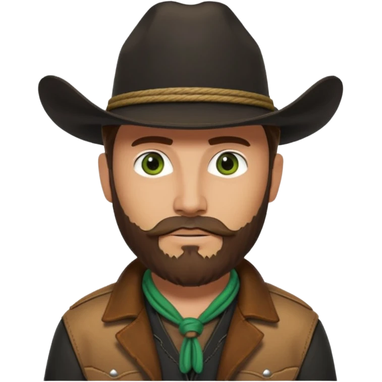 yellowstone ranch cowboy with brown beard & green eyes, black cowboy hat with plain black rope and no jewel, black shirt, and leather tan jacket emoji