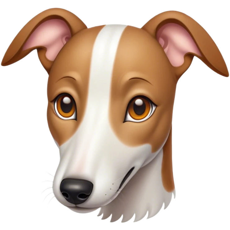 Cinematic Cute White and Brown Greyhound Portrait Emoji, Head tilted playfully and inquisitively, featuring a smooth white Fur with vibrant brown accents and round, sparkling eyes filled with curiosity, Simplified yet irresistibly adorable features, highly detailed, glowing with a warm, friendly glow, high shine, affectionate and nimble, stylized with a touch of whimsy, bright and endearing, soft glowing outline, capturing the essence of a mischievous yet loving racer, so playful it feels like it could sprint out of the screen and into your arms! emoji