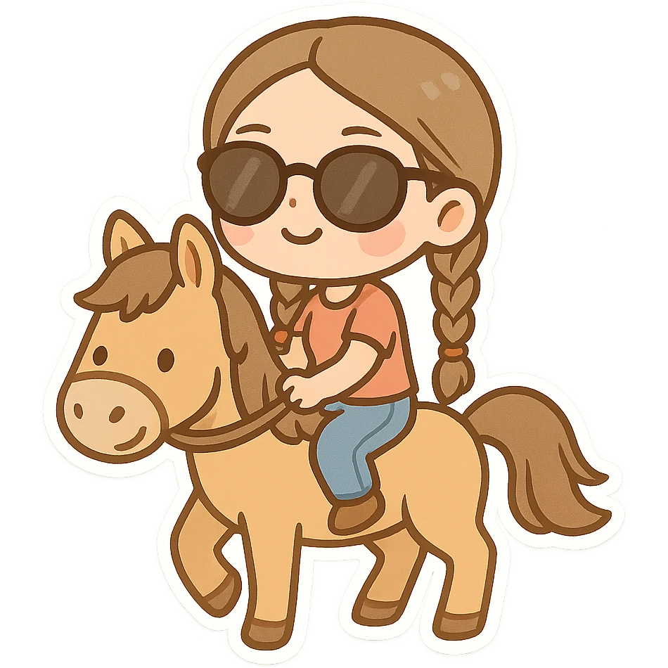cute woman with braids and sunglasses, sitting on a horse, fun cartoon style emoji emoji