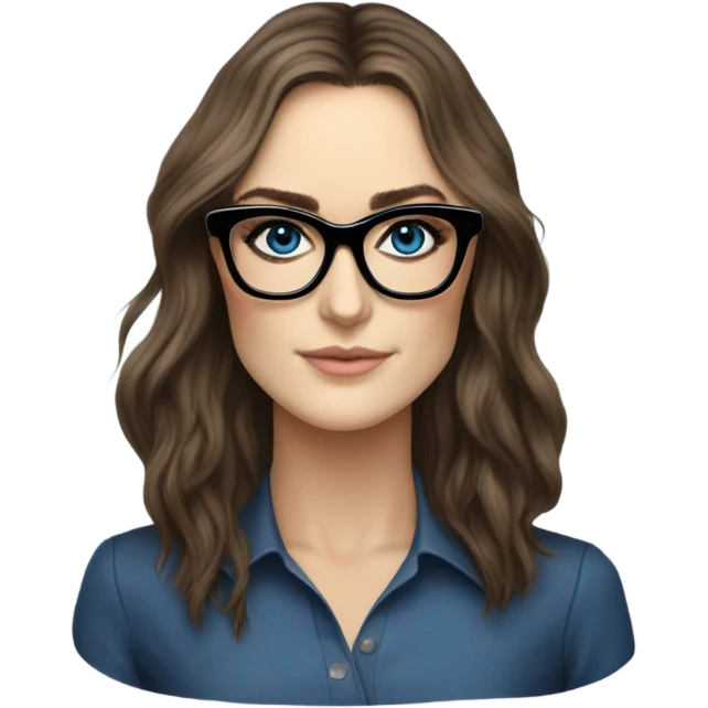 Hyper Realistic Photo keireav Knightly wearing black glasses and blue eyes  on a laptop  emoji